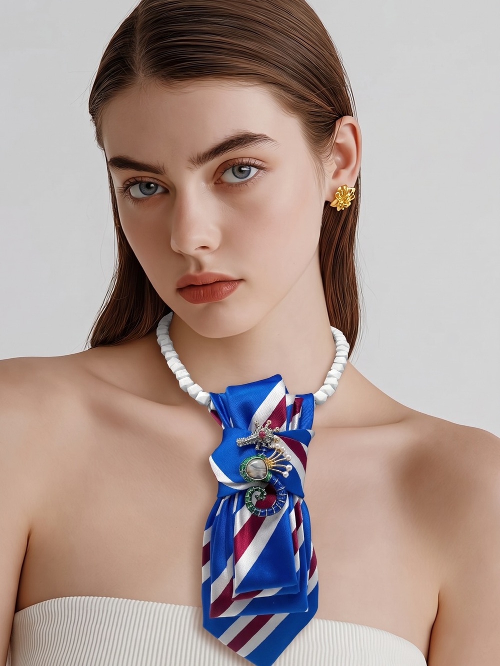 CHIC CHICK UPCYCLE | Blue Striped Tie Necklace Seahorse Accent